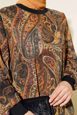 Desenli Şifon Elbise Hardal - Thumbnail