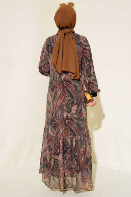 Desenli Şifon Elbise Kahve - Thumbnail