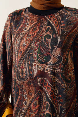 Desenli Şifon Elbise Kahve - Thumbnail