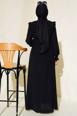 Kolları Parlak Pullu Elbise Siyah - Thumbnail