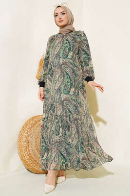 Desenli Şifon Elbise Yeşil - Thumbnail