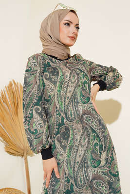 Desenli Şifon Elbise Yeşil - Thumbnail