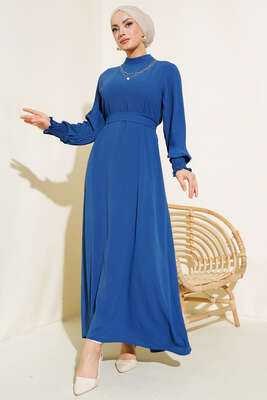 Kol Piliseli Elbise Koyu Mavi - Thumbnail