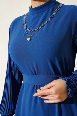 Kol Piliseli Elbise Koyu Mavi - Thumbnail