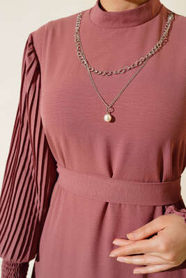 Kol Piliseli Elbise Pudra - Thumbnail