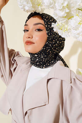 Desenli Mio Eşarp Siyah Bej - Thumbnail