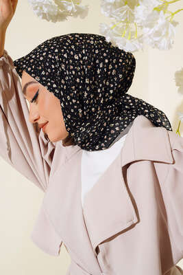 Desenli Mio Eşarp Siyah Bej - Thumbnail