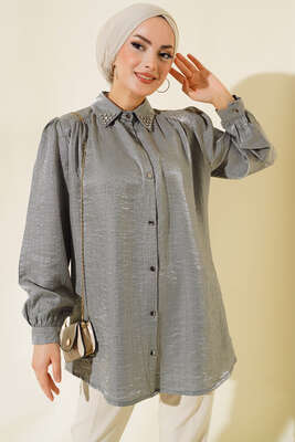 Yaka Taşlı Parlak Saten Gömlek Gri - Thumbnail