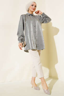 Yaka Taşlı Parlak Saten Gömlek Gri - Thumbnail