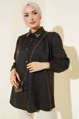 Yaka Taşlı Parlak Saten Gömlek Haki - Thumbnail