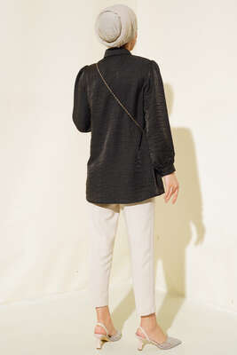 Yaka Taşlı Parlak Saten Gömlek Haki - Thumbnail