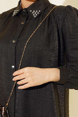 Yaka Taşlı Parlak Saten Gömlek Haki - Thumbnail