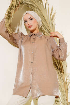 Yaka Taşlı Parlak Saten Gömlek Latte - Thumbnail
