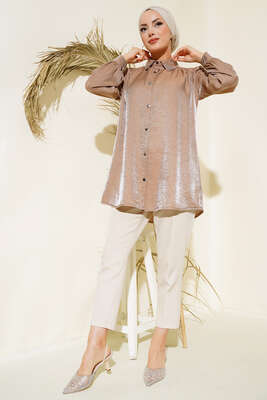 Yaka Taşlı Parlak Saten Gömlek Latte - Thumbnail