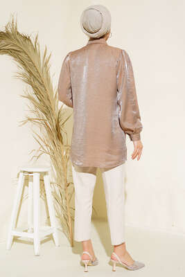 Yaka Taşlı Parlak Saten Gömlek Latte - Thumbnail