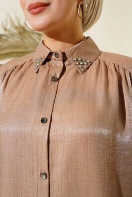 Yaka Taşlı Parlak Saten Gömlek Latte - Thumbnail