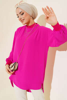 Pazarium - Yaka Kol Ribanalı Tunik Fuşya