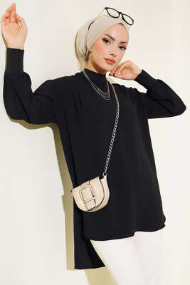 Pazarium - Yaka Kol Ribanalı Tunik Siyah