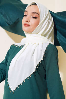 Kenarları Boncuk İşlemeli Yazma Eşarp Krem - Thumbnail