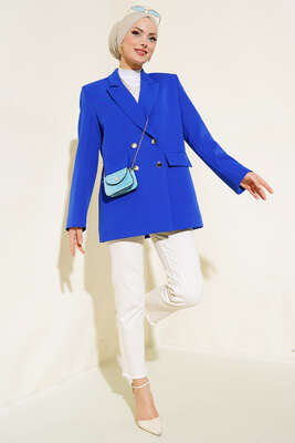 Astarlı Blazer Ceket Saks - Thumbnail