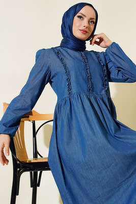 Önü Fırfırlı Kot Elbise Kot - Thumbnail