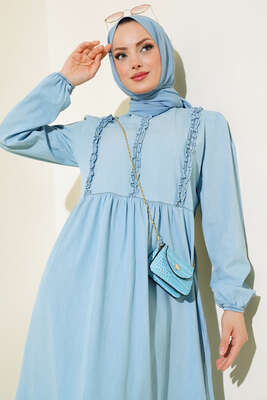 Önü Fırfırlı Kot Elbise Buz Mavisi - Thumbnail