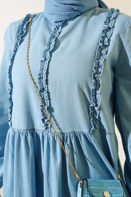 Önü Fırfırlı Kot Elbise Buz Mavisi - Thumbnail