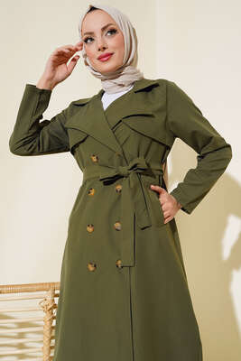 Parça Detaylı Trençkot Haki - Thumbnail