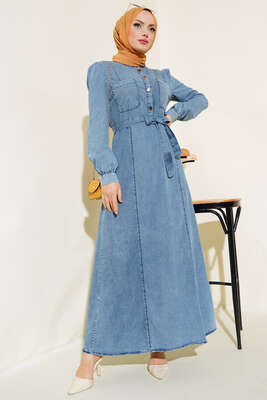 Çift Cepli Kuşaklı Kot Elbise Kot Mavisi - Thumbnail