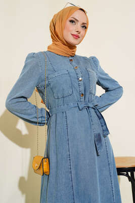 Çift Cepli Kuşaklı Kot Elbise Kot Mavisi - Thumbnail