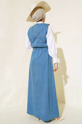 Beli Lastikli Çift Cep Kot Elbise Kot Mavisi - Thumbnail