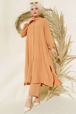 Hakim Yaka Metal Düğmeli Takım Latte - Thumbnail