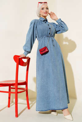 Siyah Düğmeli Kot Elbise Kot - Thumbnail