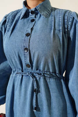 Siyah Düğmeli Kot Elbise Kot - Thumbnail