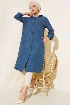 Zımba Detaylı Kapüşonlu Kap İndigo - Thumbnail