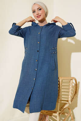 Zımba Detaylı Kapüşonlu Kap İndigo - Thumbnail