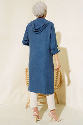 Zımba Detaylı Kapüşonlu Kap İndigo - Thumbnail