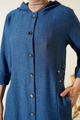 Zımba Detaylı Kapüşonlu Kap İndigo - Thumbnail