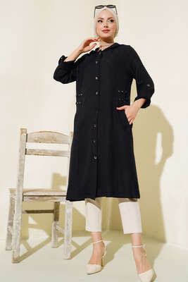 Zımba Detaylı Kapüşonlu Kap Siyah - Thumbnail