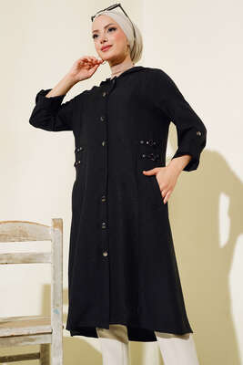 Zımba Detaylı Kapüşonlu Kap Siyah - Thumbnail