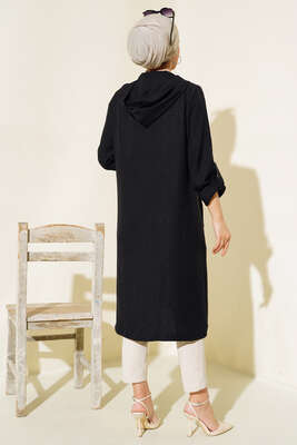 Zımba Detaylı Kapüşonlu Kap Siyah - Thumbnail