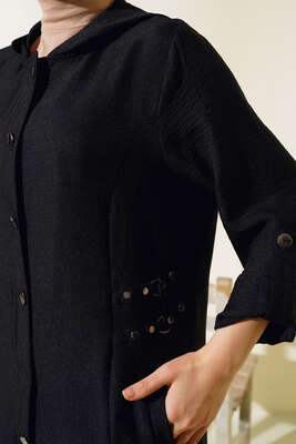 Zımba Detaylı Kapüşonlu Kap Siyah - Thumbnail