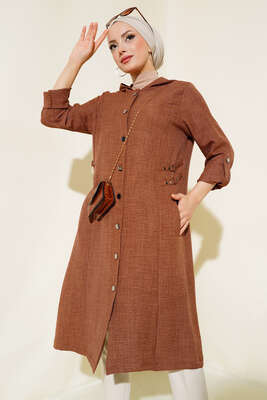 Pazarium - Zımba Detaylı Kapüşonlu Kap Taba