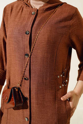 Zımba Detaylı Kapüşonlu Kap Taba - Thumbnail