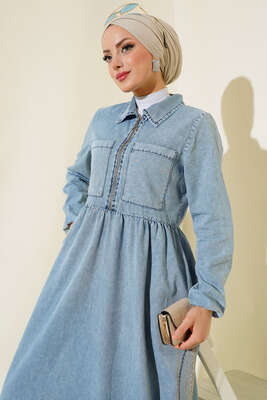 Çift Cepli Fermuarlı Kot Elbise Kot Mavisi - Thumbnail