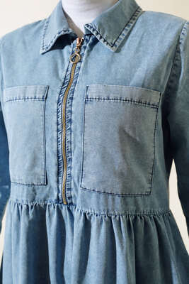 Çift Cepli Fermuarlı Kot Elbise Kot Mavisi - Thumbnail