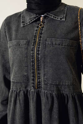 Çift Cepli Fermuarlı Kot Elbise Füme - Thumbnail