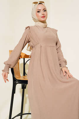 Kolları Parlak Pullu Elbise Latte - Thumbnail