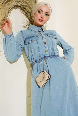 Bel Lastikli Düğmeli Kot Elbise Kot Mavisi - Thumbnail