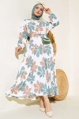 Pazarium - Yaprak Desenli Mevlana Elbise Çağla Yeşili